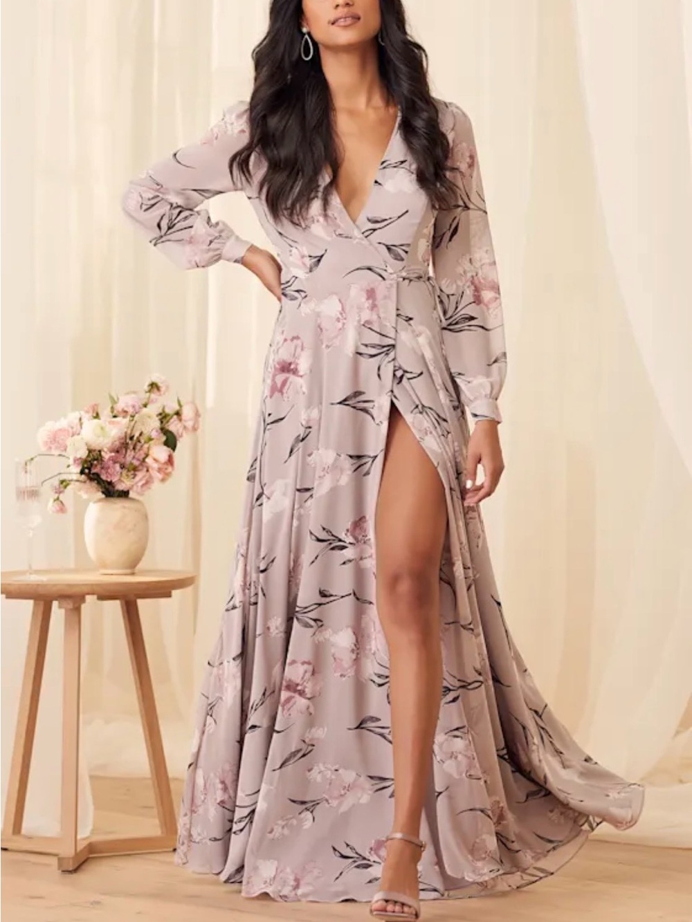 NWT Lulus “Loving You” Dusty Purple Floral Print Long Sleeve Wrap Maxi Dress XL